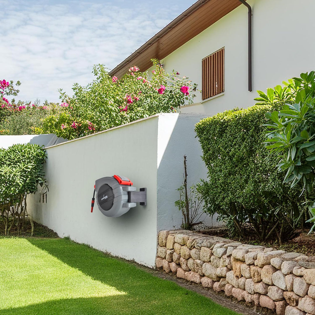 LEHMANN Wand-Schlauchbox 15 m + 1,5 m, Schlauchtrommel für Gartenbewässerung, Automatischer Schlauch