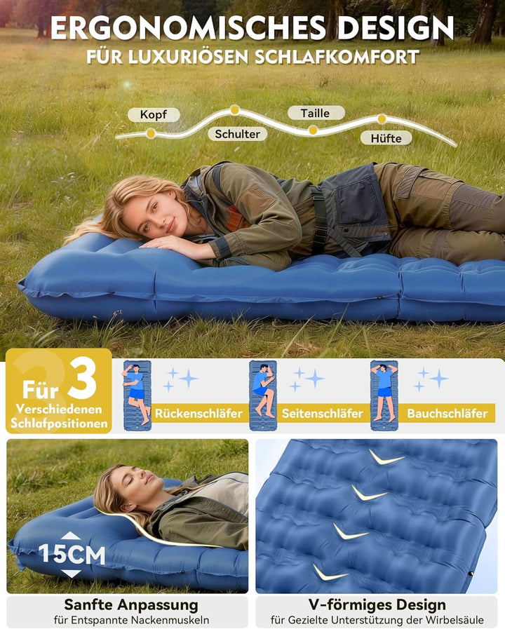 HIKENTURE Isomatte Camping, 12CM Ultradicke Isomatte Ultraleicht mit Kissen, Aufblasbare Matratze Kl