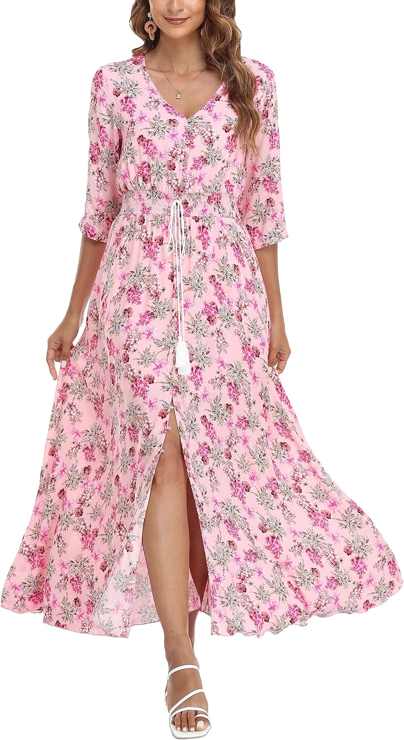 VOGMATE Damen Lange Split Knopf Up Sommer Maxikleid Floral Strandwear Holidy Kleid Hohe Taille mit k