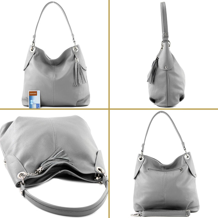 modamoda de - T185 - ital. Damen Schultertasche aus Leder Blassbraun, Blassbraun
