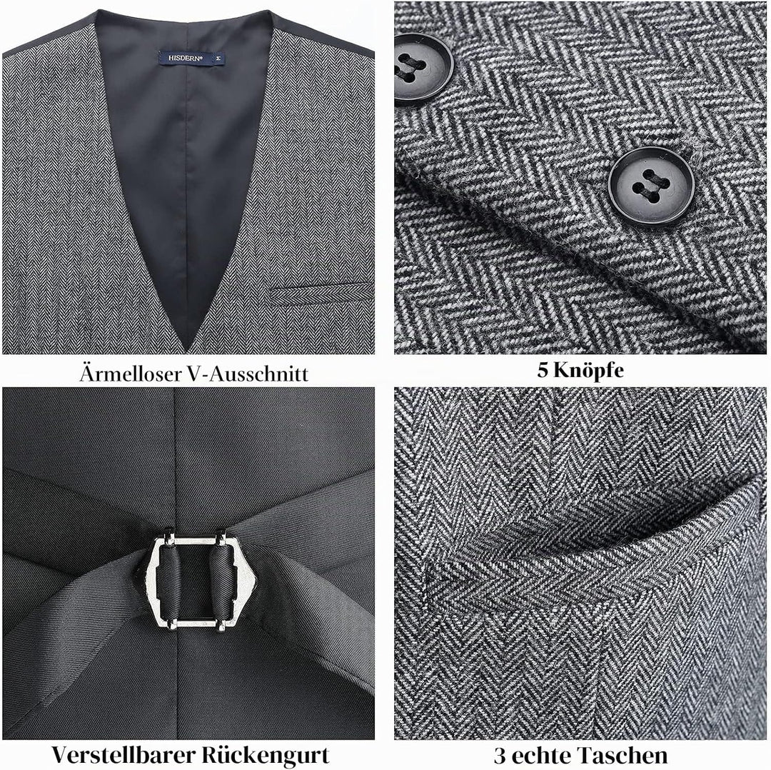 HISDERN Herren Anzugweste Herringbone Weste Hochzeit Herrenweste Formale Tweed Wollweste Classic Bas