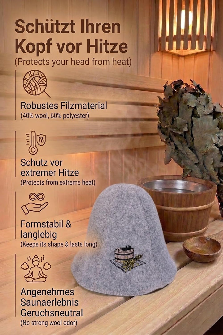 Ger3as Saunahut Wolle mit Stickerei für Damen und Herren, Wellness Mütze Premium Qualität Bad Saunak