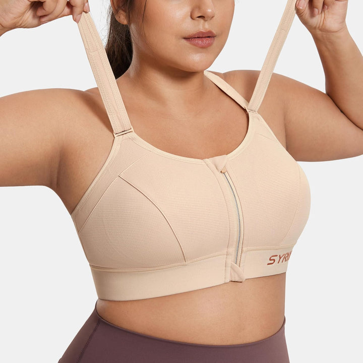 SYROKAN Sport BH Damen Ohne Bügel Starker Halt Shock Absorber BH Bequemer Gepolstert 70C Beige, 70C