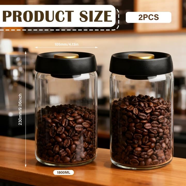 2 Stück Kaffee Vakuumbehälter aus Glas 1.8L: Transparent Kaffeebehälter Luftdicht mit Schwarzem Deck