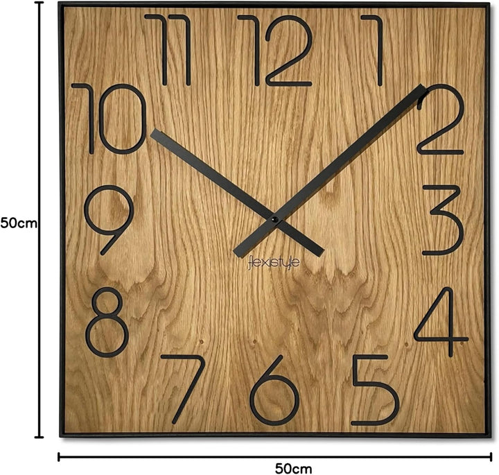 FLEXISTYLE Holzwanduhr Wood Square Holz Eiche 50cm Durchmesser holzoptik ohne tickgeräusche