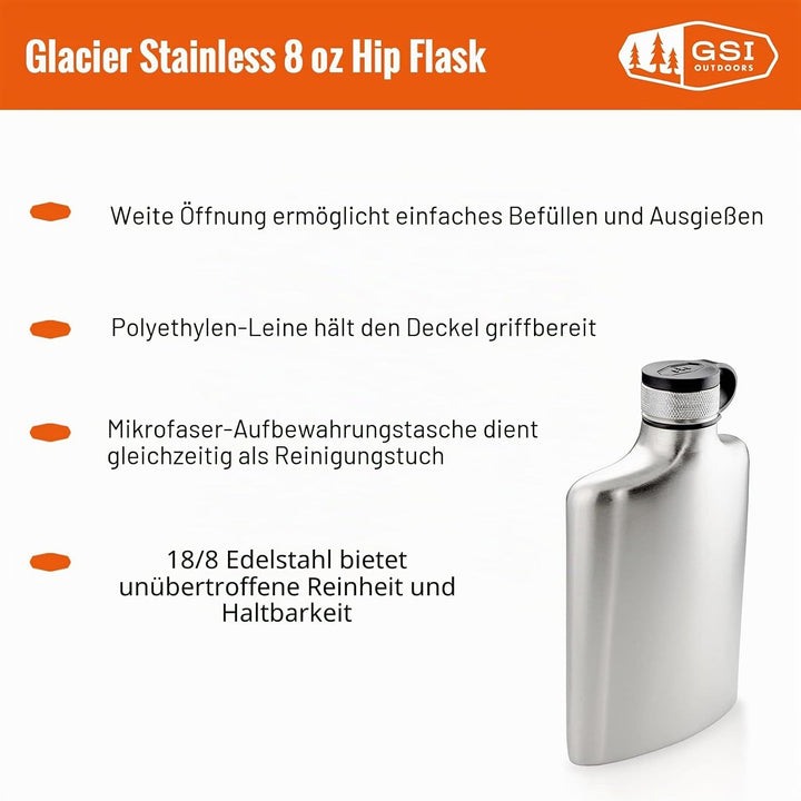 GSI Outdoors Glacier Stainless Hip Flask 8 oz Flachmann, Unisex Erwachsene, Silber, 8 oz