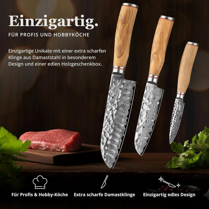 zayiko Minami Premium 3er Damastmesser-Set mit Klingen von 9-17 cm gefertigt aus 67 Lagen echtem Dam