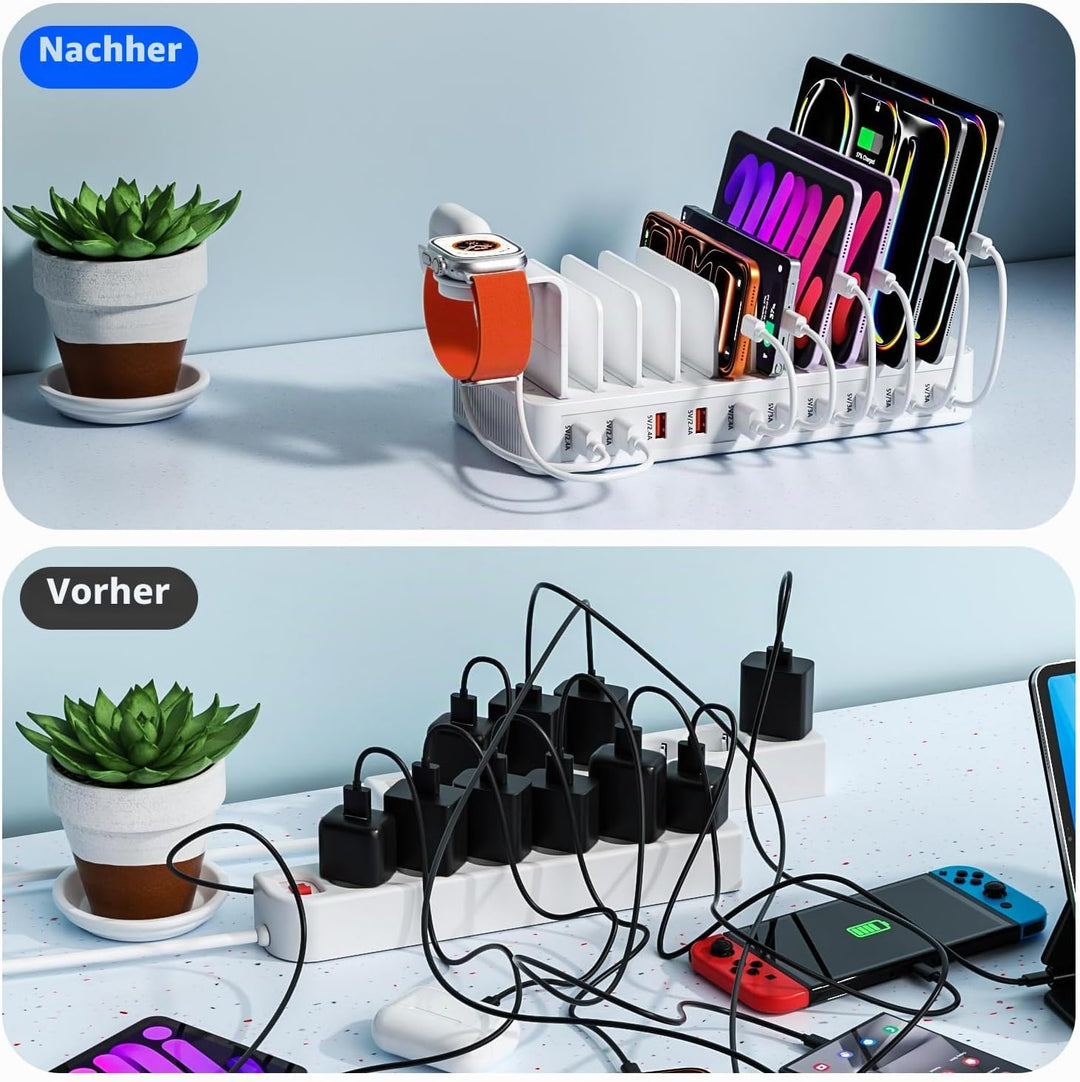 Ladestation Mehrere Geräte, USB C ladestation 100W, 10 Ports USB-Schnellladegerät Mit Uhrenhalterung