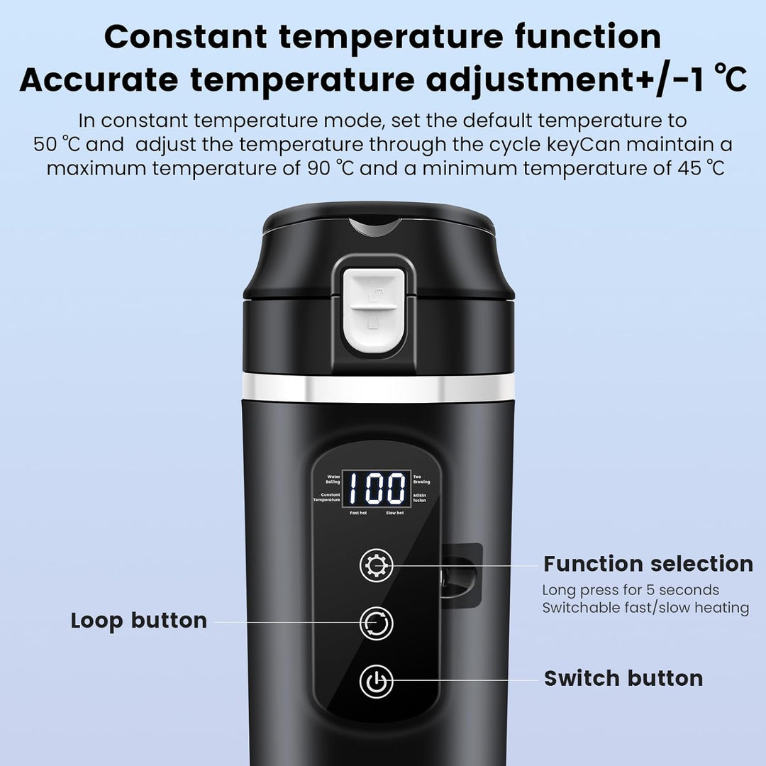 PORFOYO Wasserkocher Für Auto, 12V Auto Mini-Kaffee-Wasserkocher, 500ml, Schwarz, Bis Zu 100℃ Variab