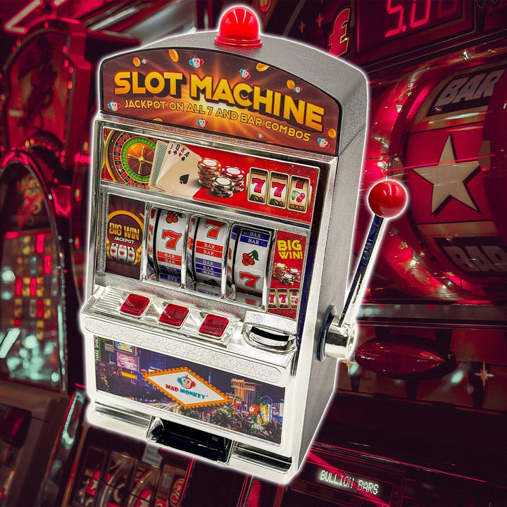 Mad Monkey Slot Machine Spardose XL, Spardose im Spielautomaten-Design mit Licht und Sound, Geldspie