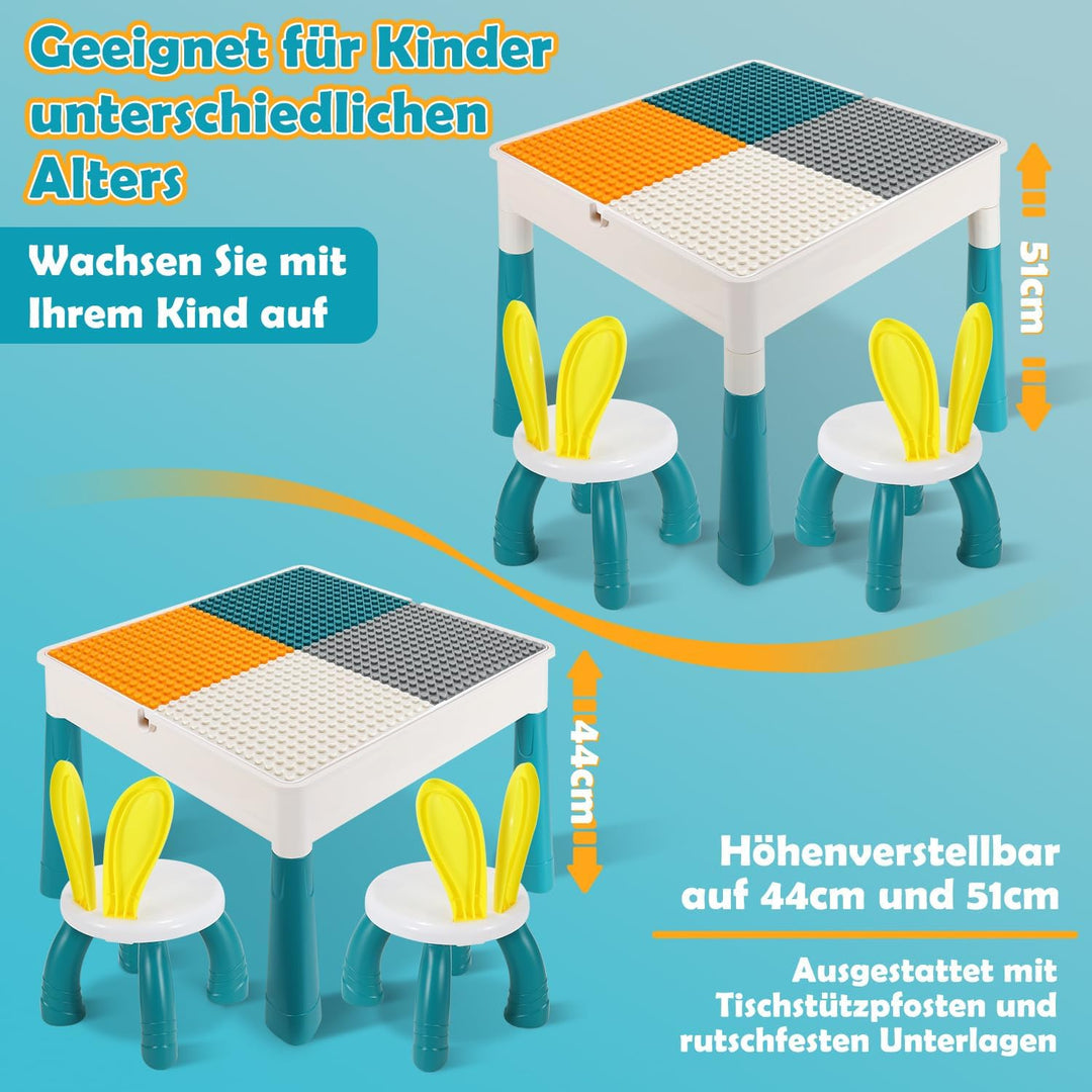 Kindertisch mit 2 Stühlen, Bausteintisch höhenverstellbar