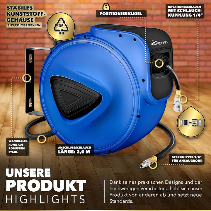 TRESKO® 20m Druckluftschlauch Aufroller automatisch 1/4" Anschluss | Schlauchtrommel Wandschlauchhal