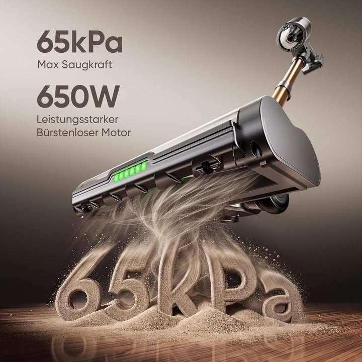 Akku Staubsauger, 650W/65000Pa/75Min, Kabelloser Stielstaubsauger mit Smart LED Display, Selbststehe