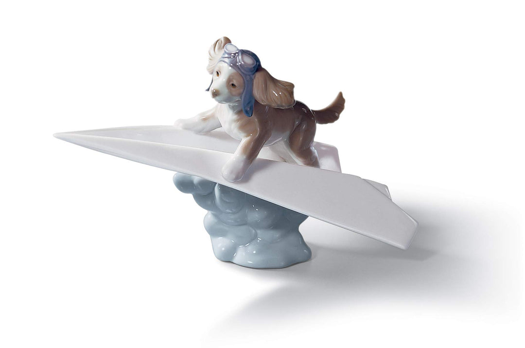 LLADRÓ Hunde Figur Papierflugzeug Mit Hundepilot. Hund. Porzellan.