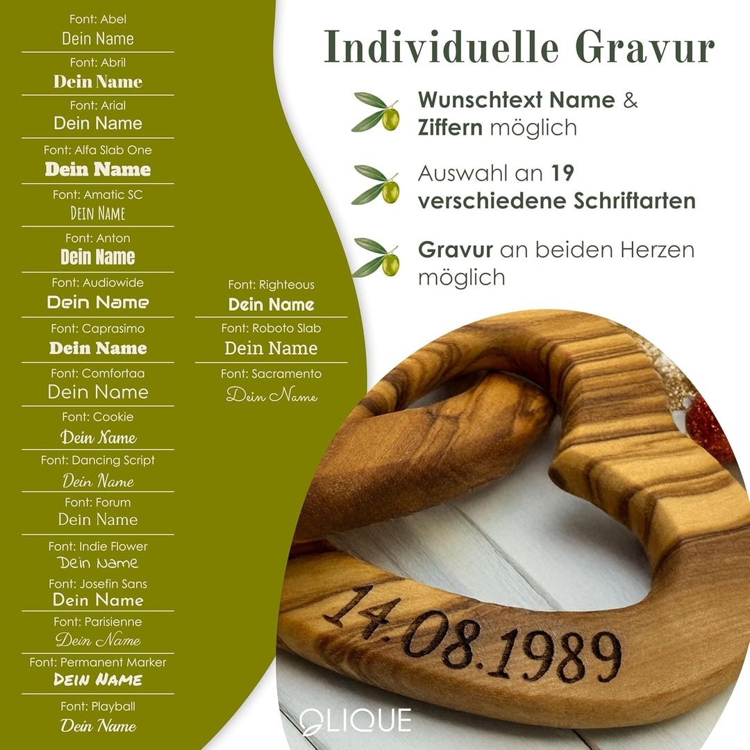 Holzherzen personalisiert, Olivenholz - Verbundene Holz Herzen mit Gravur als individuelles Geschenk