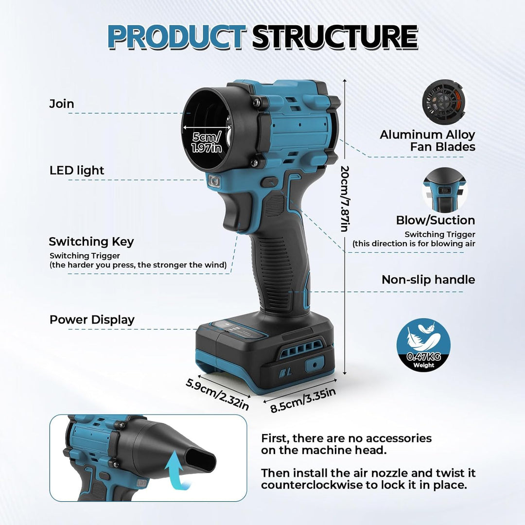 Akku-Staubwedelgebläse für Makita 18V, 2 in 1 Handstaubsauger Bürstenloser Laubbläser 85000 U/min mi