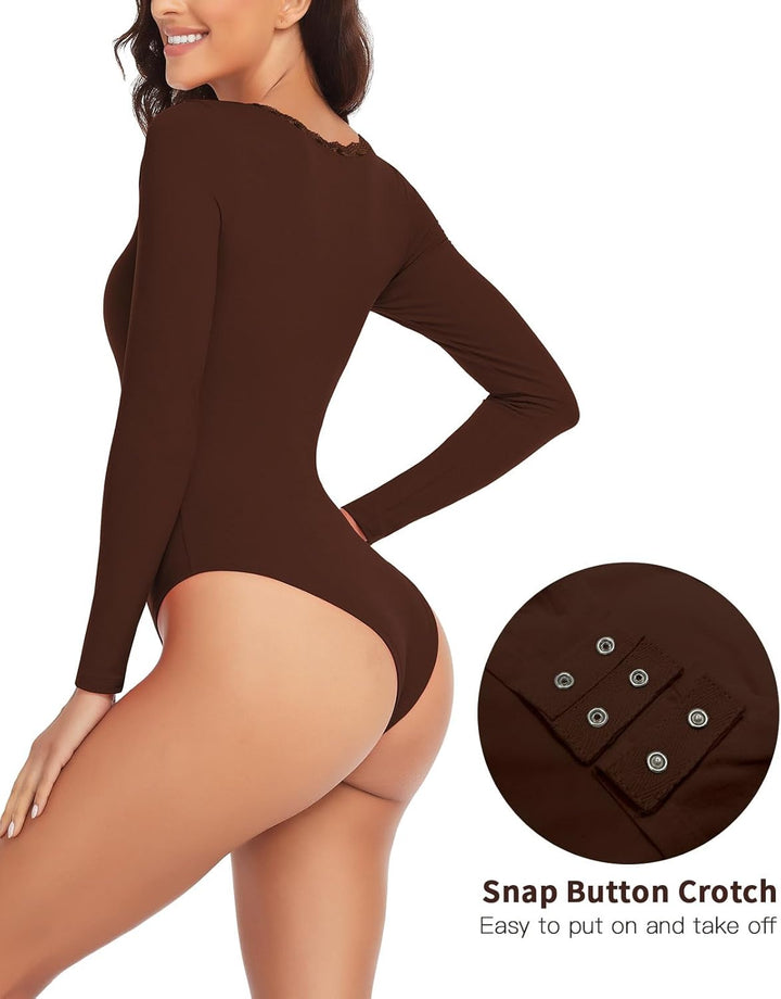 WOWENY Thermo Body Damen Langarm Elegant Langarmbody mit Spitze V-ausschnitt Fleece Bodysuit Warm Be