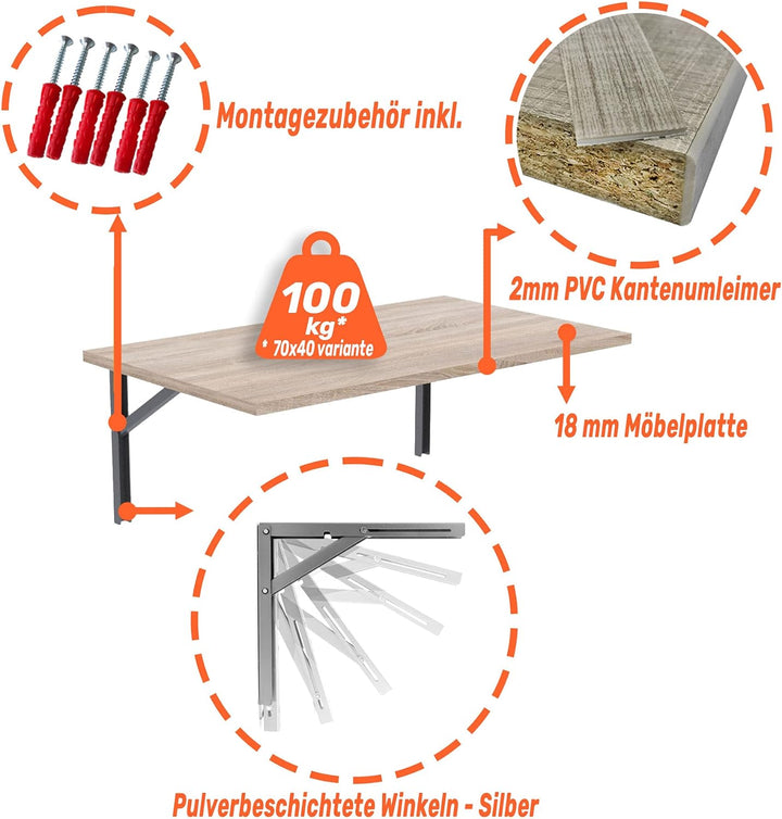 mikon 70x40 | Wandklapptisch Klapptisch Wandtisch Küchentisch Schreibtisch Kindertisch | Sonoma 70x4