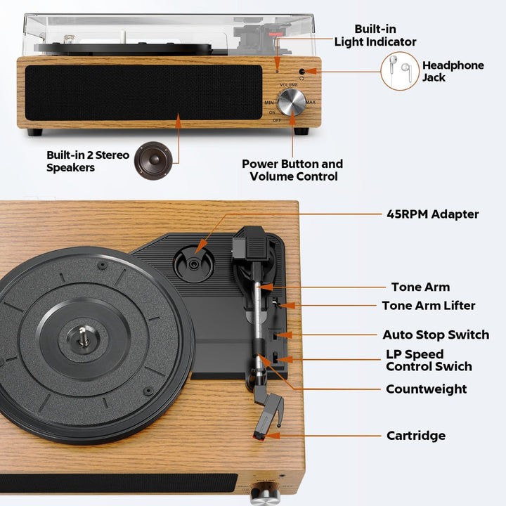 FYDEE Plattenspieler, Bluetooth 5.4 Schallplattenspieler mit Einstellbarer Auflagekraft, 2x3W Stereo