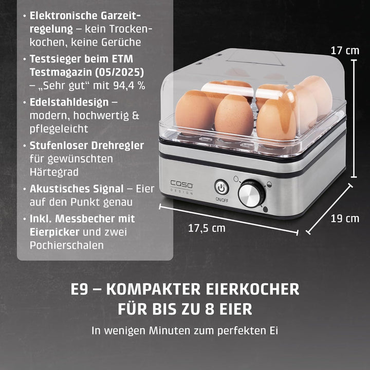 CASO E 9 - Design Eierkocher, elektronischer Eierkocher für bis zu 8 Eier, herausnehmbarer Eiträger,