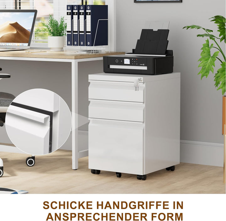 Rollcontainer, Aktenschrank Abschliessbar mit 4 Schlüsseln, Aktenschrank unter Schreibtisch, mit 3 S