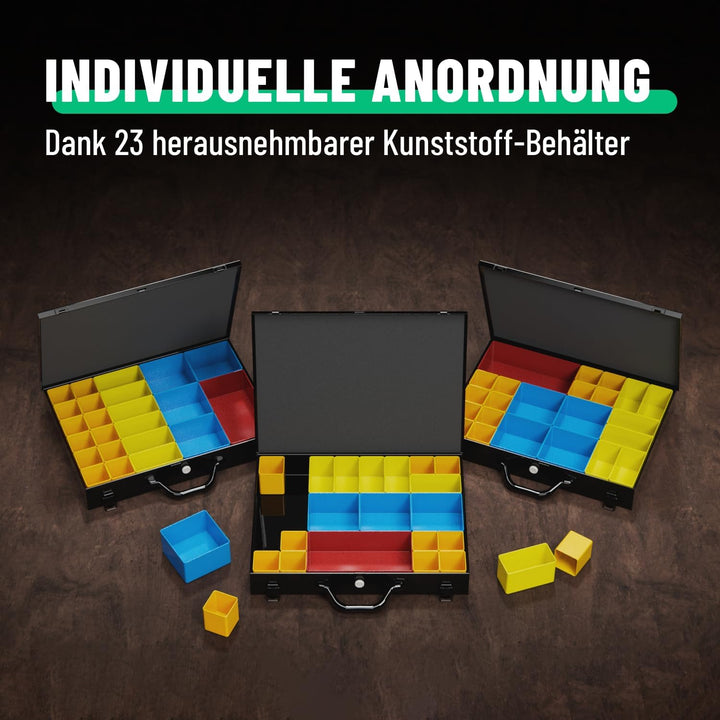 greate Sortimentskasten Metall mit 23 herausnehmbaren Behältern - Kleinteilekoffer leer - Sortiments