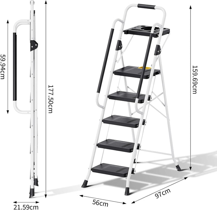 KINGRACK Trittleiter 5 Stufen klappbar, Leiter 5 Stufen 360 kg Tragfähigkeit, mit Werkzeugtray, Hand