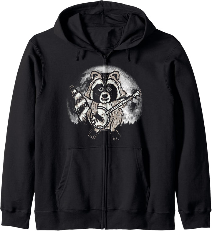 Raccoon Playing Banjo & Moon Funny Nocturnal Animal Kapuzenjacke