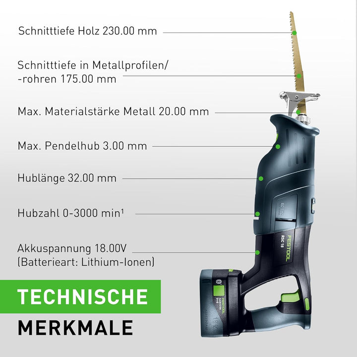 Festool Akku-Säbelsäge RSC 18 5,0 EB-Plus (mit Akkupacks BP 18 Li 5,0, Schnellladegerät, Absaugvorri