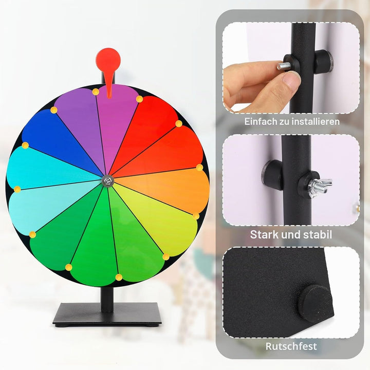 40cm Grosses Glücksrad Set, 12 Fach Tombola Rad mit Ständer Rouletterad mit Robuster Basis Tisch Glü