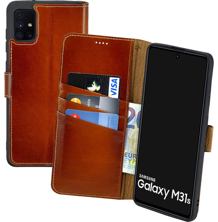 Suncase Book-Style Hülle kompatibel mit Samsung Galaxy M31s Leder Tasche (Slim-Fit) Lederhülle Handy