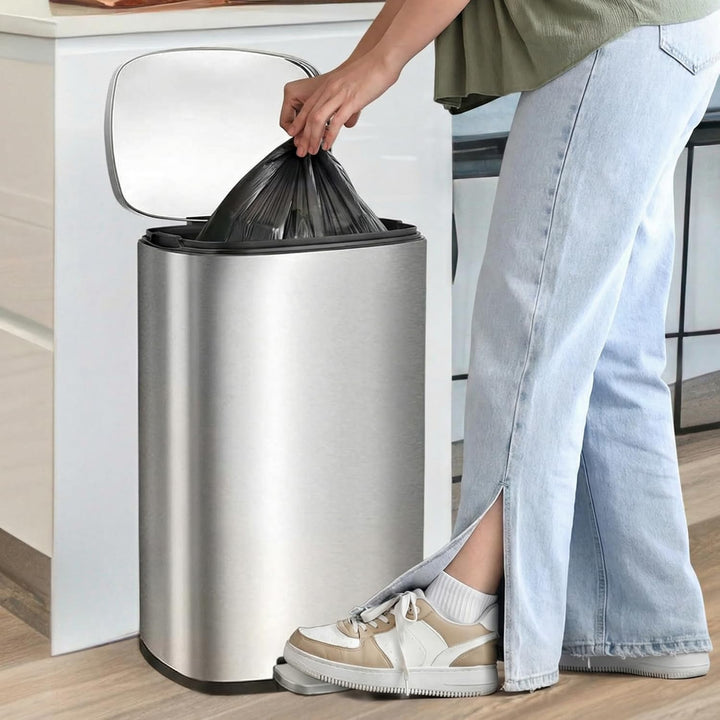 LIFERUN Mülleimer 50l aus Edelstahl, Abfalleimer mit Deckel, Soft-Close Tretmülleimer, Grosser Trete