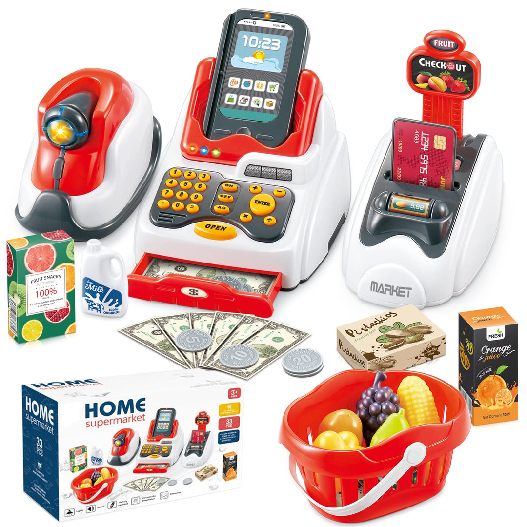 Registrierkasse SpielzeugRollenspiel Kinderkasse mit Scanner Kartenautomat Spielzeug Lebensmittel Fr