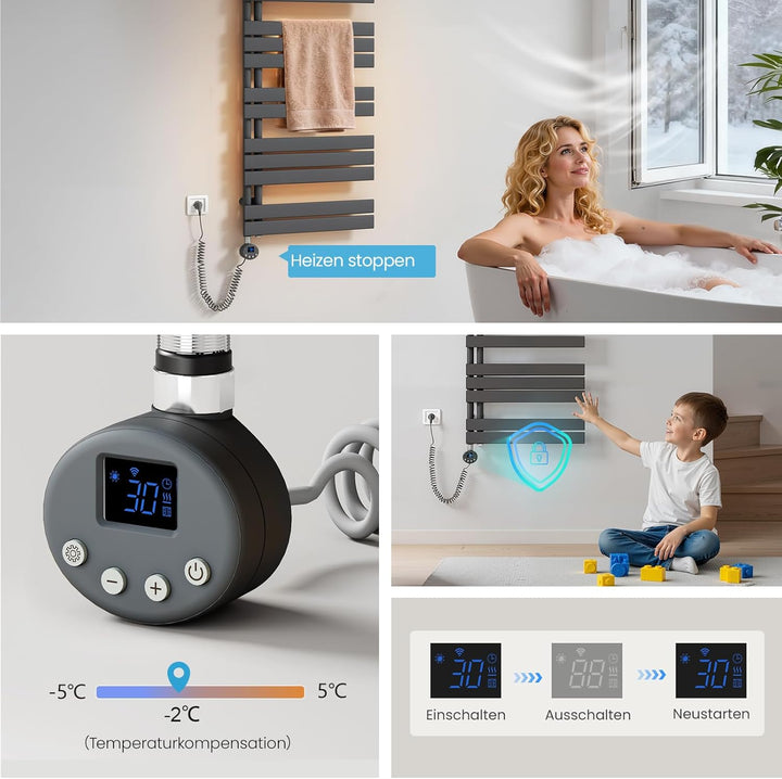 Heilmetz Badheizkörper Elektrisch 899 x 500mm Anthrazit mit WIFI Smart Heizstab 400W, Flach Handtuch