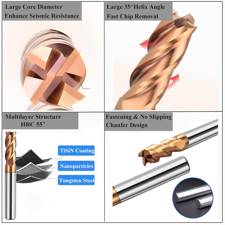 5 Stücke Fräser Schaftfräser Hartmetall 4-Flöte, 6-12mm CED TiSiN Coat Spiralfräser Bit VHM CNC Bohr