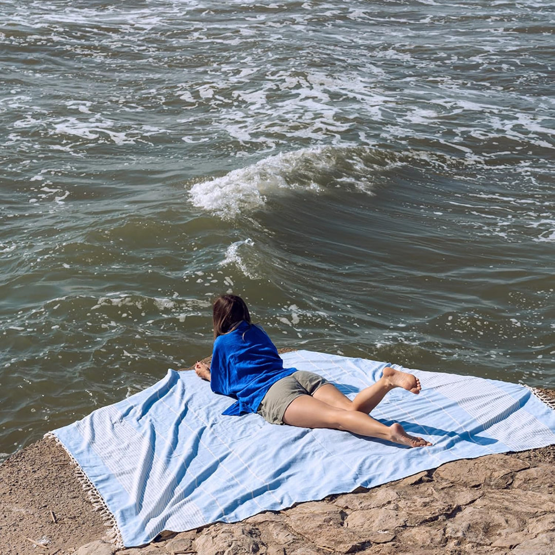 MOMOMUS Fouta XXL, Sandfrei, mit Fransen - Grosses Strandtuch XXL, aus Baumwolle, Sandabweisend - Id