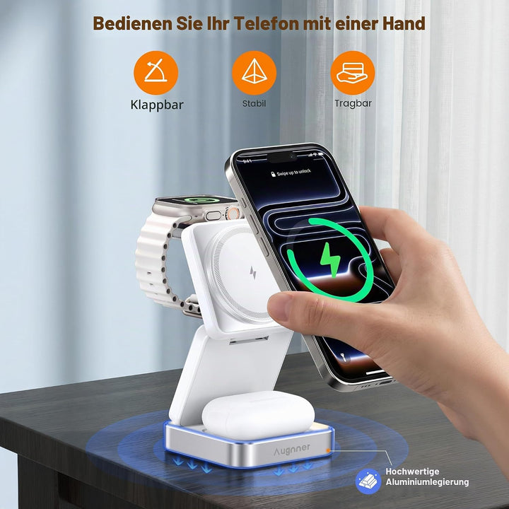 Ladestation Apple Watch und iPhone, 3 in 1 Apple MagSafe Ladegerät Faltbar Wireless Charger für Appl