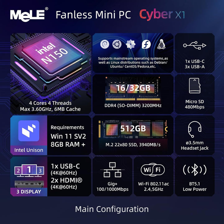 MeLE Cyber X1 Lüfterloser Mini PC 16GB DDR4 512GB ROM Micro PC Twin Lake N150(bis zu 3.6GHz) USB-C 2