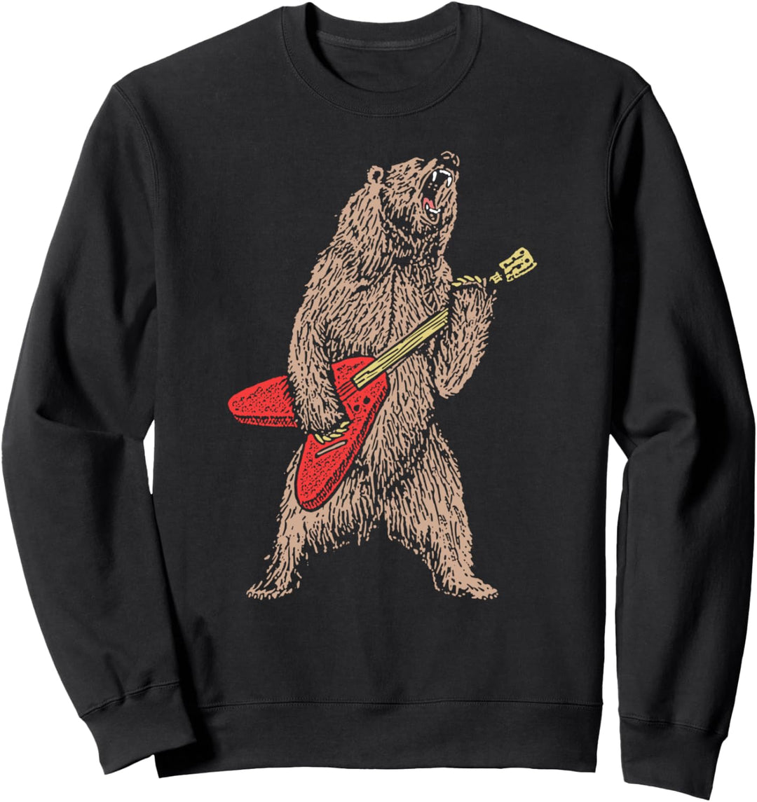 Rock &amp; Roll Roaring Grizzly Bear 80s Electric Guitar Sweatshirt