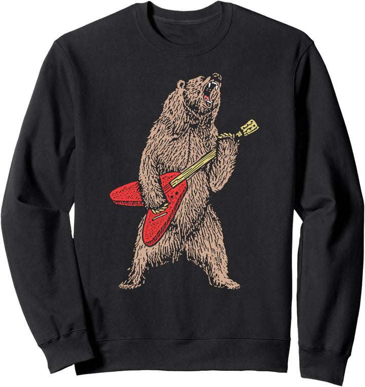 Rock &amp; Roll Roaring Grizzly Bear 80s Electric Guitar Sweatshirt