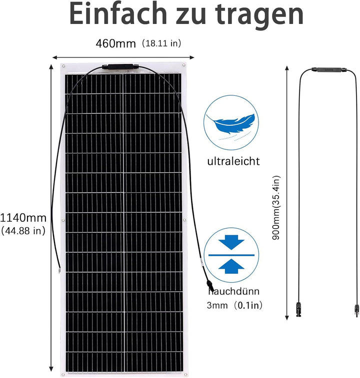 Solarpanel-Kit Flexibel 200W Monokristallines 2X100W Flexibles Solarmodul+20A 12V/24V Solarladeregle