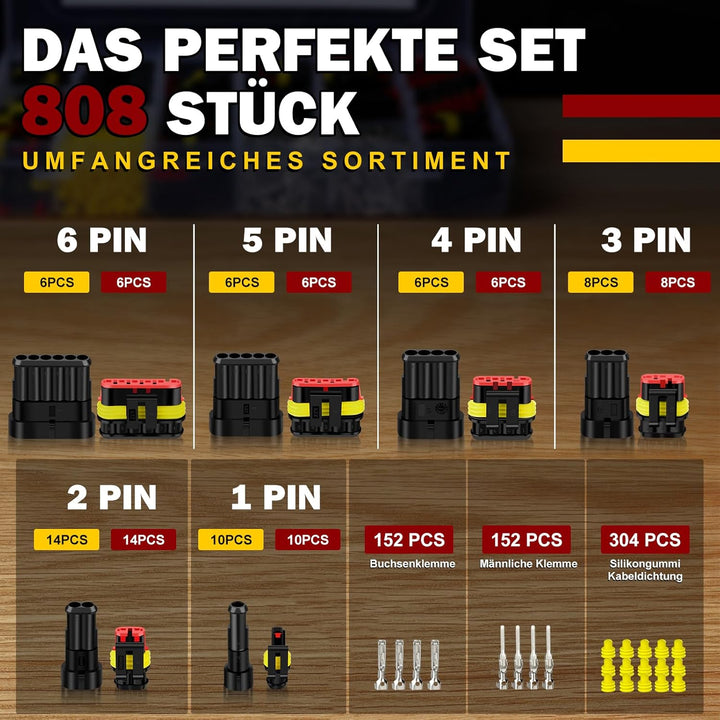 moveland kfz Stecker 808PCS - Schnell kfz Steckverbinder Wasserdicht 1/2/3/4/5/5/6 Polig - Dicht Ste