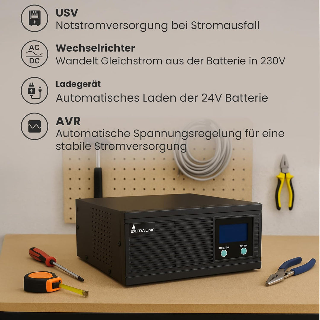 Extralink Notstromversorgung UPS 1500VA/1200W Wechselrichter Reiner Sinus Pro 24VDC USV Inverter Int
