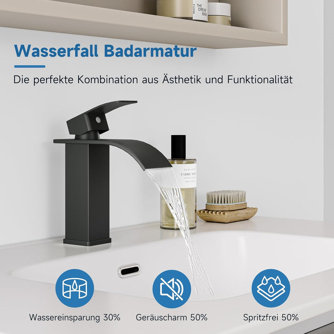 Wasserhahn Bad Schwarz Matt, Wasserfall Wasserhahn, Einhebelmischer Waschbecken，Einloch-Waschtischar
