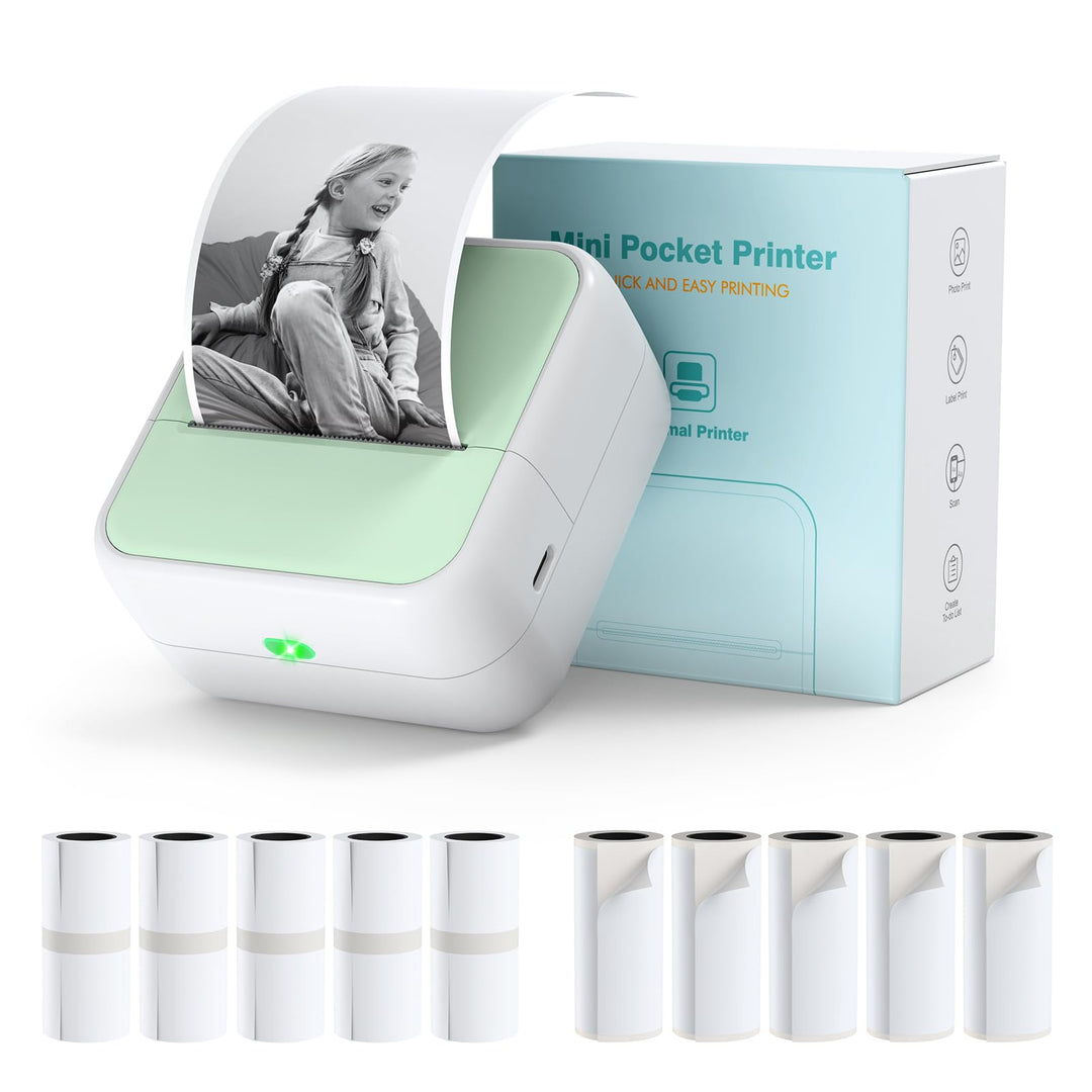 Bisofice Mini Drucker für Smartphone mit 11 Rollen Druckerpapier, Sticker Drucker Mini Drucker Aufkl