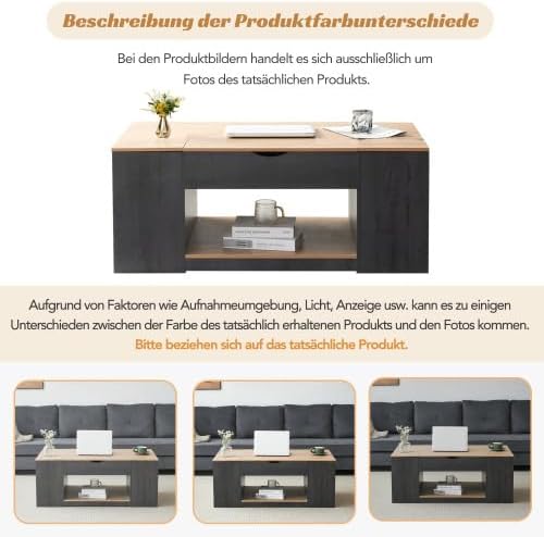 Merax Höhenverstellbarer Couchtisch mit Holzmaserung, Grauer Korpus &amp; Geheime Stauräume, 109cm Kaffe