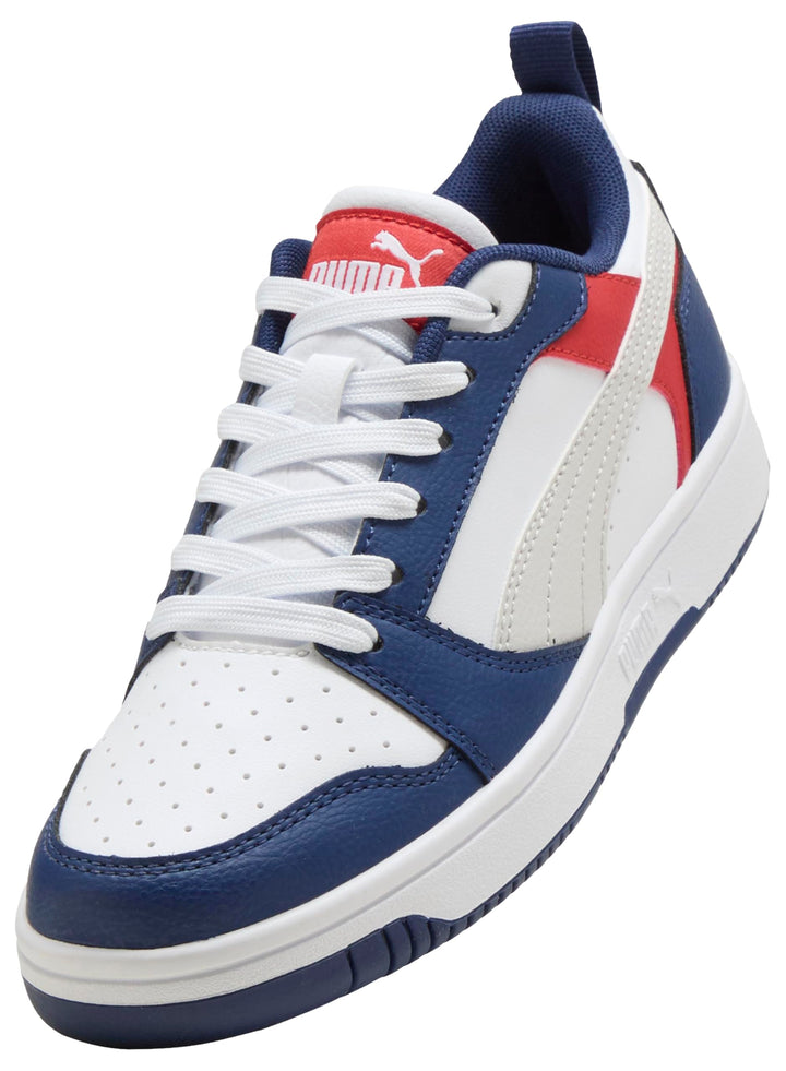 PUMA Unisex Kinder Rebound V6 Lo Jr Sneaker 35.5 EU Blaue Schmucksteine Federgrau Puma Weiss, 35.5 E