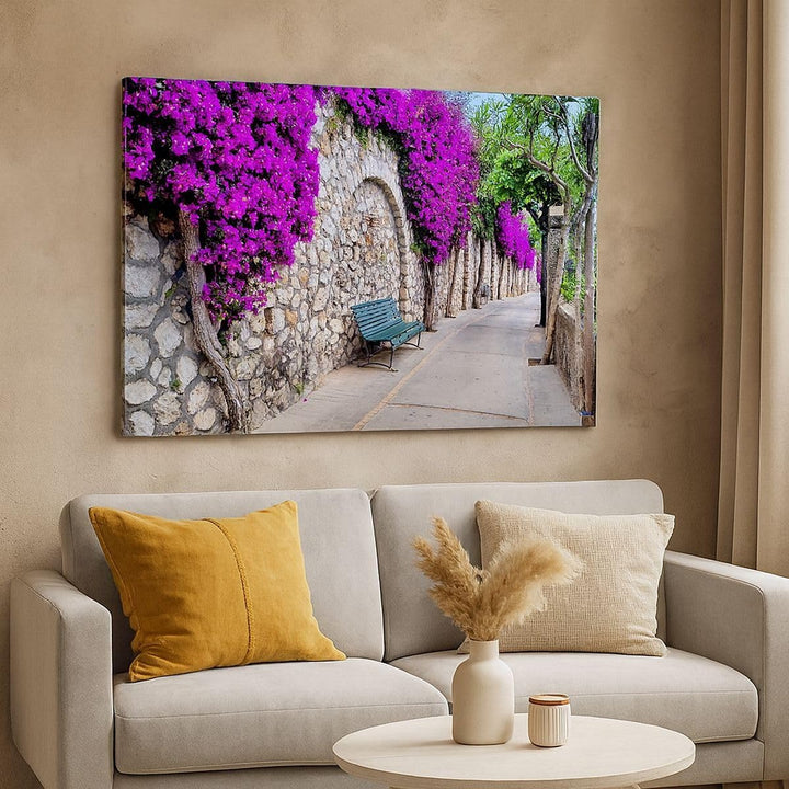 Bilder auf Leinwand 100x70cm Leinwandbild Pflanzen Bank Strasse Sommer Gross Wanddeko Bild Schlafzim