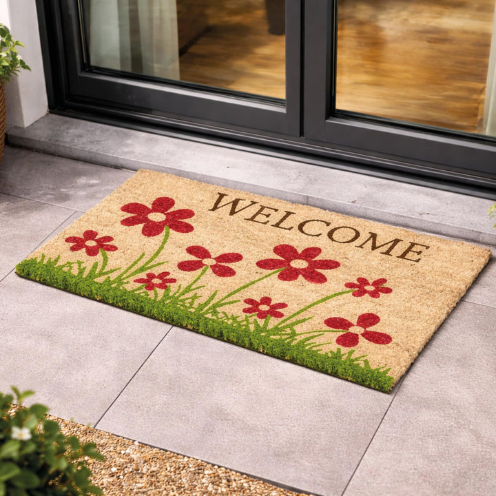 Fussmatte Kokos Blumenwiese Natur – Türmatte 40x60 cm – antibakterielle Eingangsmatte – Kokosmatte m