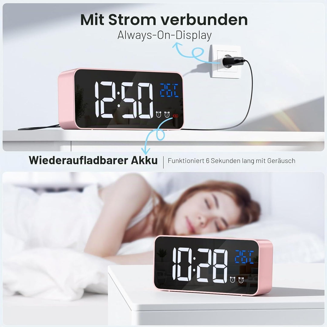 Wecker Digital, LED Digitaluhr mit Temperaturanzeige Tragbarer Spiegelalarm Tischuhr mit 2 Alarmen 1